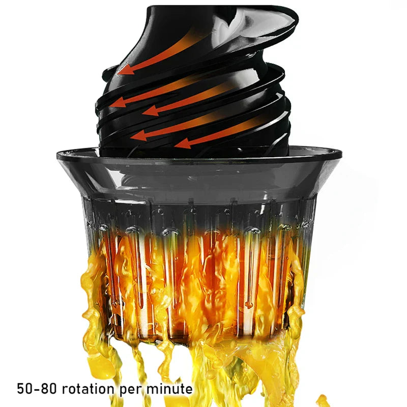 Slow juicer screw component with 50-80 RPM label, not an electric bottle blender, shows juice extraction