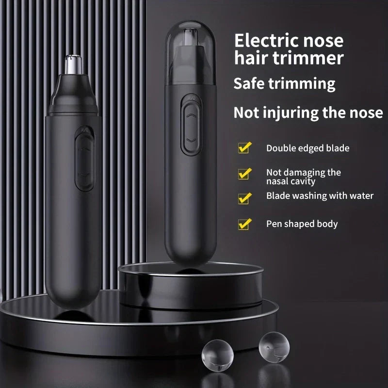 Electric nose hair trimmer with safe double-edged blade, pen-shaped body, waterproof, for painless nasal hair trimming