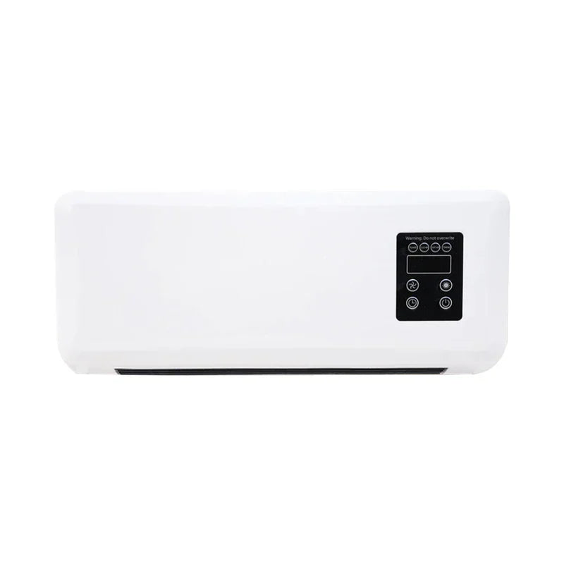 White wall-mounted fan heater with black control panel, front view on plain white background