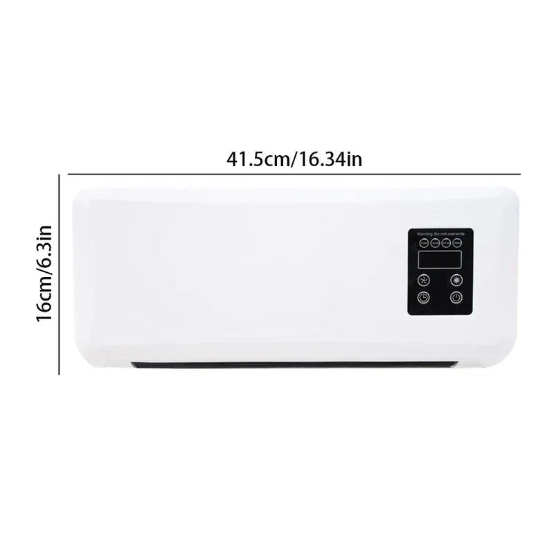 White wall-mounted fan heater with side control panel, marked 41.5cm wide and 16cm tall