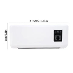White wall-mounted fan heater with side control panel, marked 41.5cm wide and 16cm tall