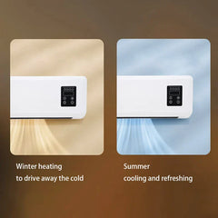 Two views of a white fan heater, left labeled winter heating, right labeled summer cooling