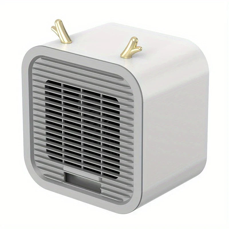 White square evaporative air cooler fan with gold horn-shaped top accents and front slatted grille