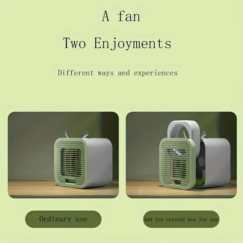 Two side-by-side views of an evaporative air cooler fan showing ordinary use and use with an added ice crystal box