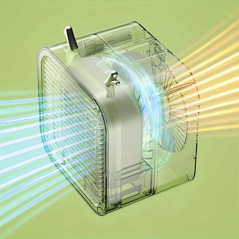 Transparent cutaway view of an evaporative air cooler fan showing internal airflow with colored light stream effects.