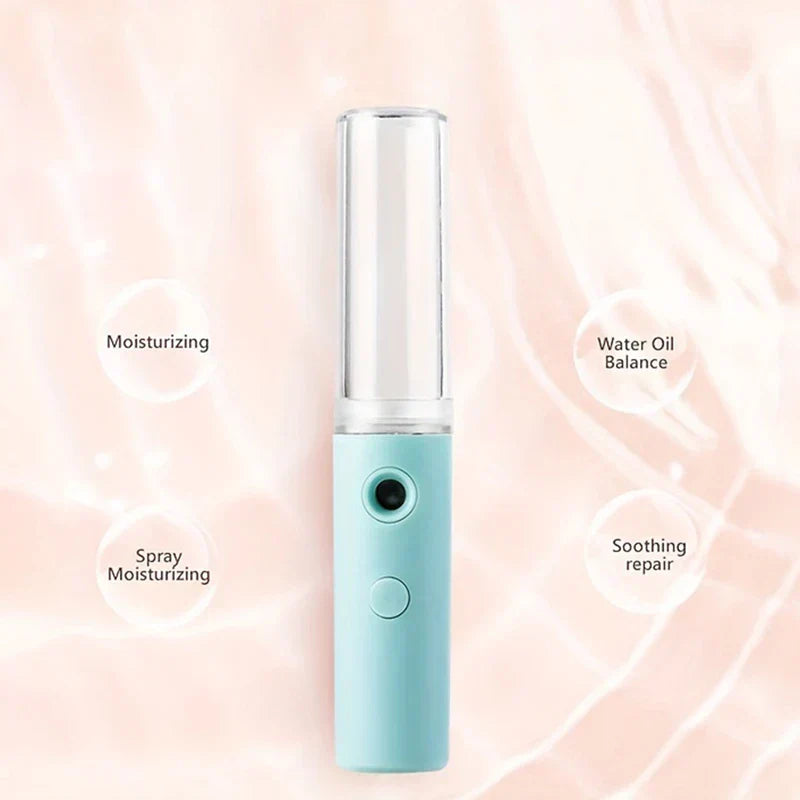 Light blue nano facial spray moisturizer, balances water oil, soothes repairs, spray moisturizing
