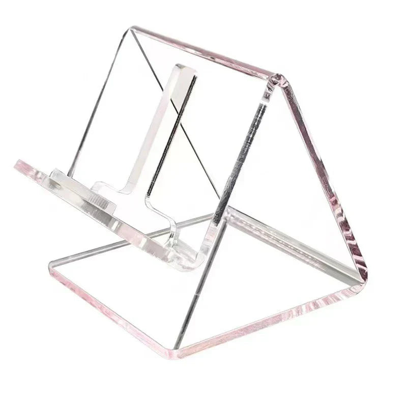 soporte de escritorio para tableta - soporte triangular transparente con borde rosado sobre fondo blanco