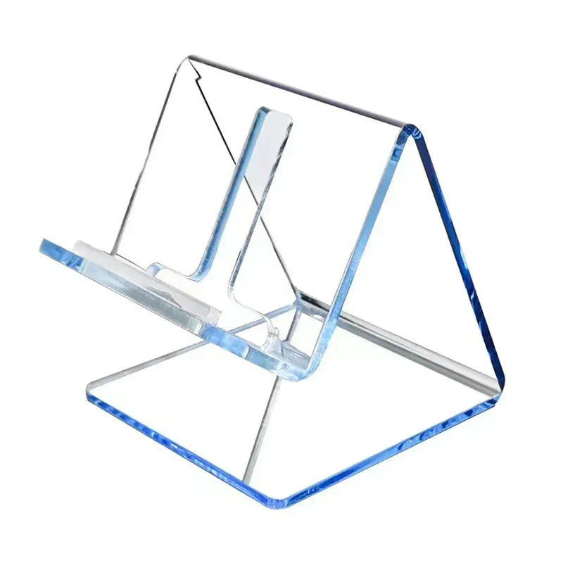 soporte de escritorio para tableta - soporte triangular transparente con borde azul sobre fondo blanco