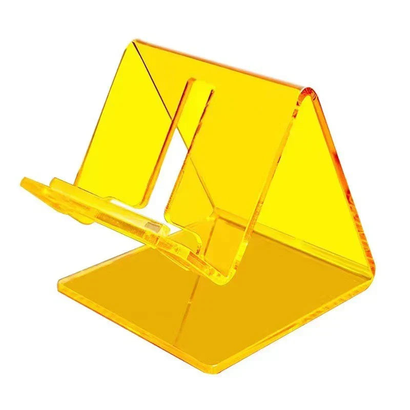soporte de escritorio para tableta - soporte triangular translúcido amarillo brillante, vista en ángulo sobre fondo blanco liso