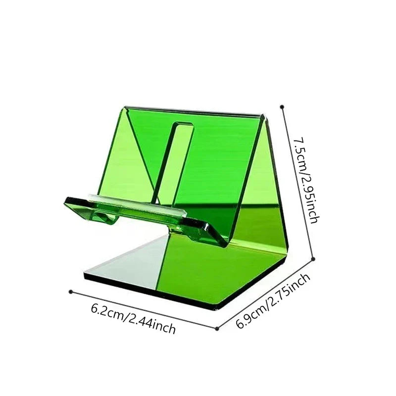 Soporte de escritorio para tableta verde semitransparente con etiquetas de medidas dimensionales sobre fondo blanco
