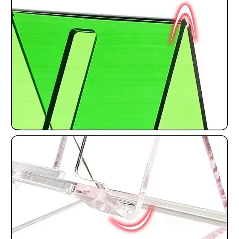 Vista de dos paneles en primer plano que muestra detalles del borde del soporte de escritorio para tableta verde y transparente con indicadores de movimiento rojos