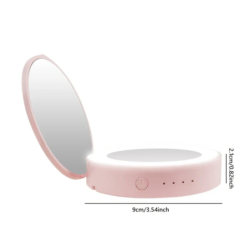 Open pink led makeup mirror with dimensions marked: 9cm/3.54inch wide, 2.1cm/0.82inch tall