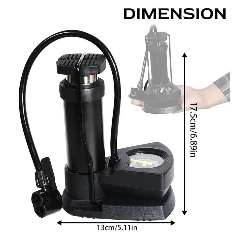 Portable air pump shown with height 17.5cm/6.89in and width 13cm/5.11in, hand for size reference