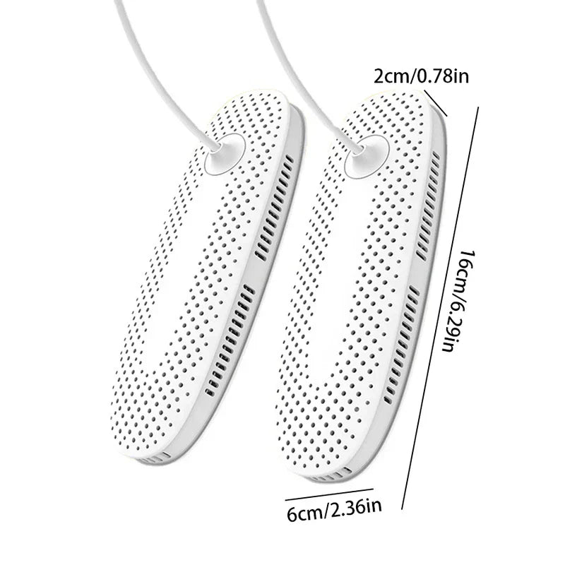 White shoe dryer with dimensions marked, length 16cm width 6cm thickness 2cm