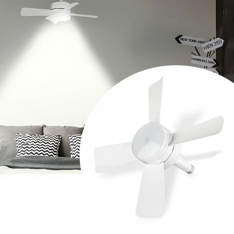 Close-up of the hanging tent fan with its hook and blades