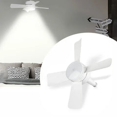 Close-up of the hanging tent fan with its hook and blades
