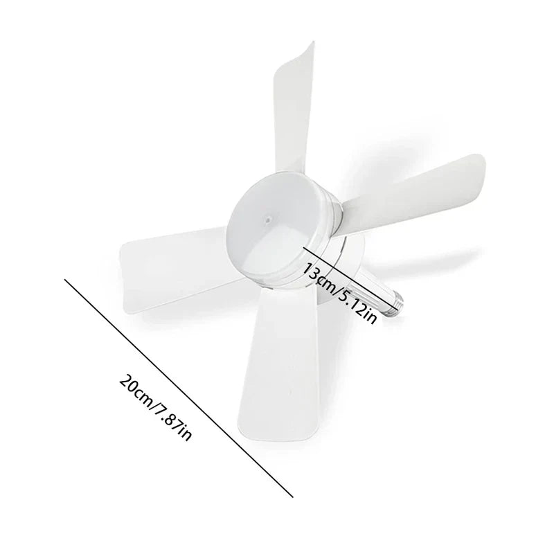 White 5-blade hanging tent fan with 20cm and 13cm dimension labels on white background
