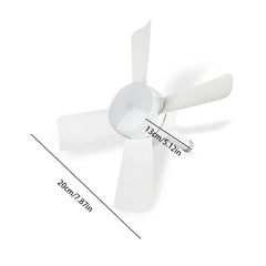 White 5-blade hanging tent fan with 20cm and 13cm dimension labels on white background