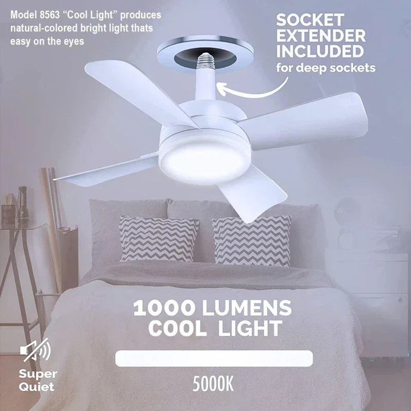5-blade hanging tent fan with light installed over a bed, noting 1000 lumens 5000K cool light and socket extender included