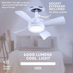 5-blade hanging tent fan with light installed over a bed, noting 1000 lumens 5000K cool light and socket extender included