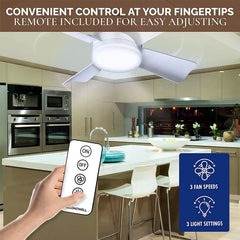 White hanging tent fan with light installed in kitchen; hand holds remote control, graphic shows 3 fan speeds and 3 light settings