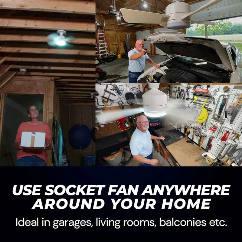 White hanging tent fan with light shown installed in garage and workshop, text says for use anywhere around the home