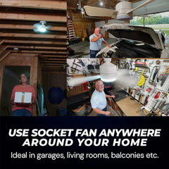 White hanging tent fan with light shown installed in garage and workshop, text says for use anywhere around the home