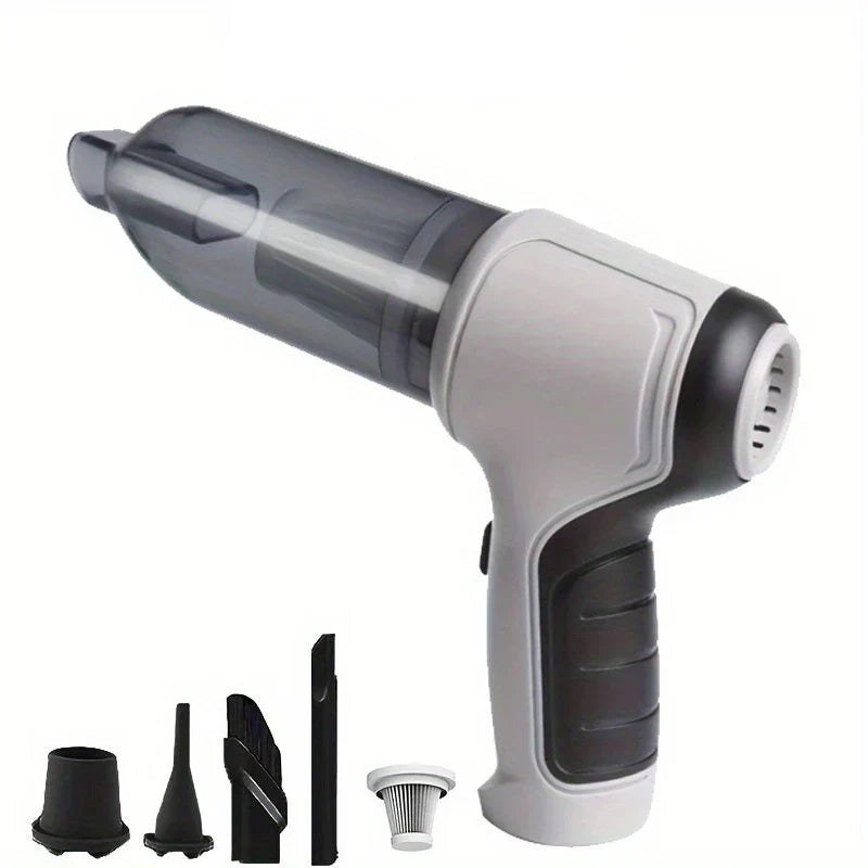 Handheld car vacuum cleaner with assorted nozzle attachments and a filter displayed against a white background.