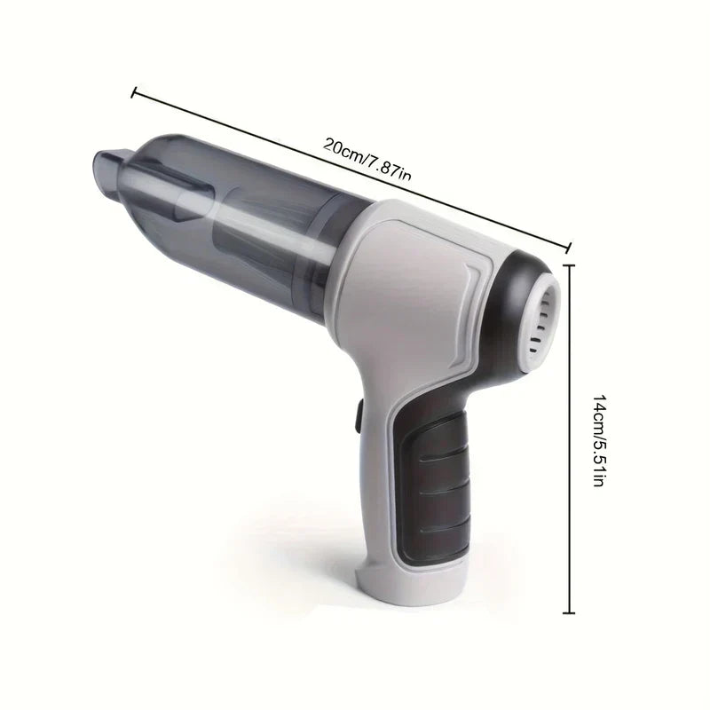 Light gray handheld car vacuum cleaner with size dimensions 20cm/7.87in length and 14cm/5.51in height on white background