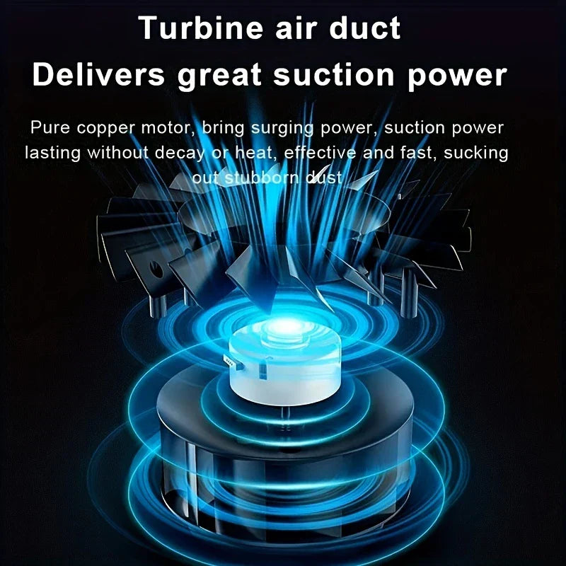 Turbine air duct illustration for a car vacuum cleaner, showing a motor and airflow effects on dark background with text about suction power