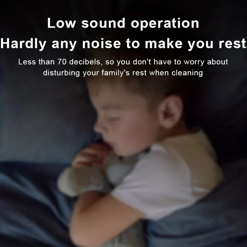 Sleeping child in background with low noise operation text for a car vacuum cleaner