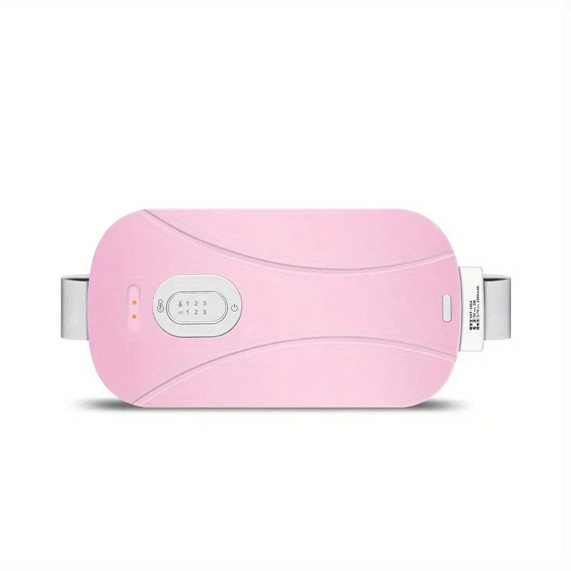 Ein rosa Heizkissen-Massagegerät mit Bedientasten und grauen Seitenriemen auf weißem Hintergrund.