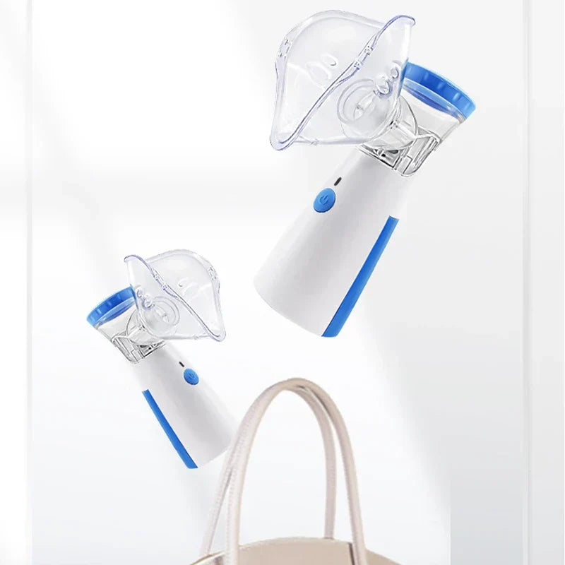 Mini portable nebulizer size comparison with handbag for travel use