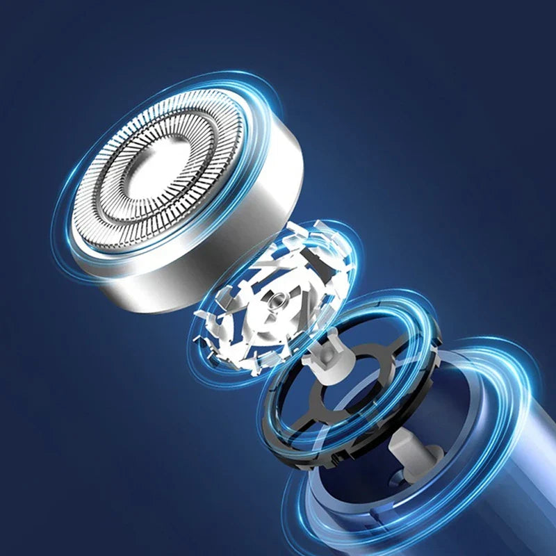 Exploded view of a mini electric shaver's rotary blade assembly, highlighting layered internal components.
