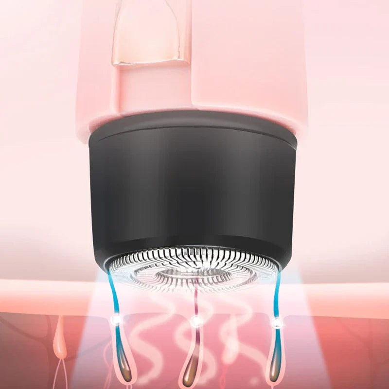 Close up of women's electric shaver head removing fine facial hair gently