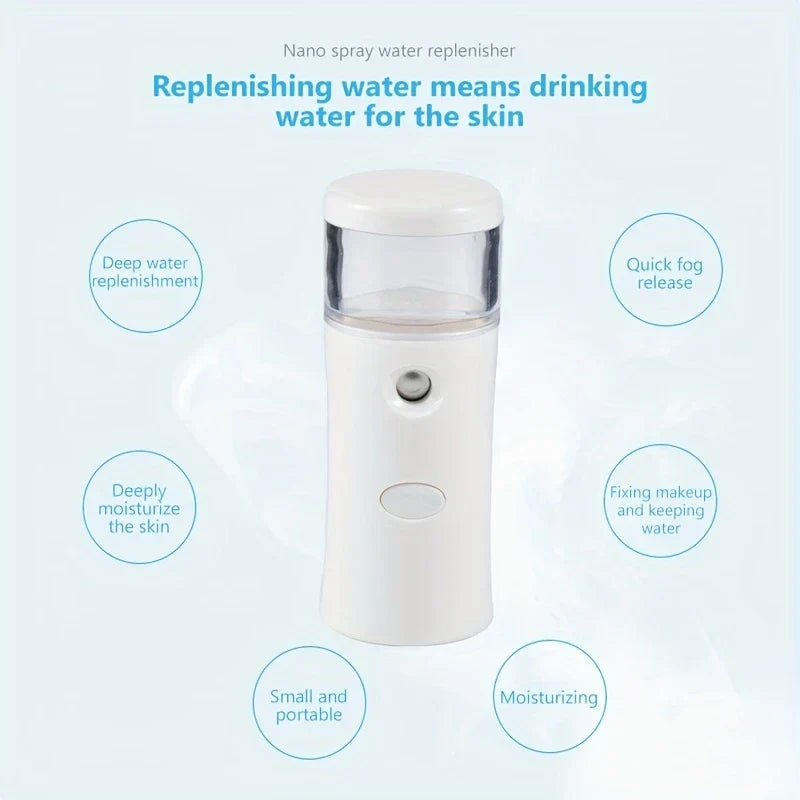 White portable nano facial mist sprayer surrounded by circled product feature labels