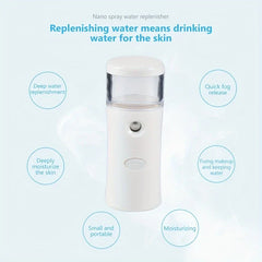 White portable nano facial mist sprayer surrounded by circled product feature labels