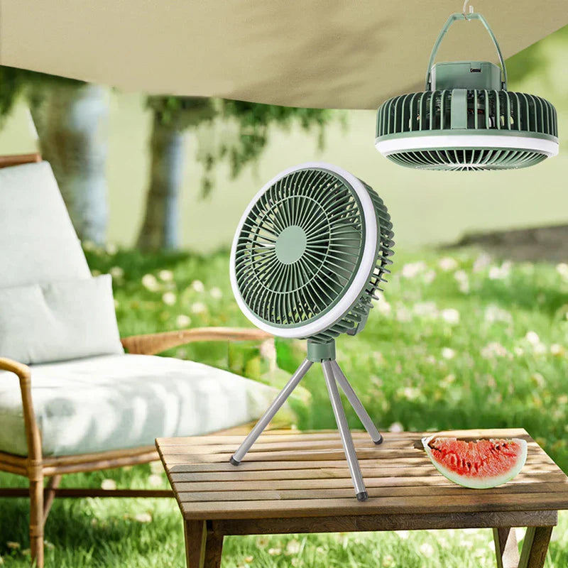 Rechargeable camping fan on a campsite table