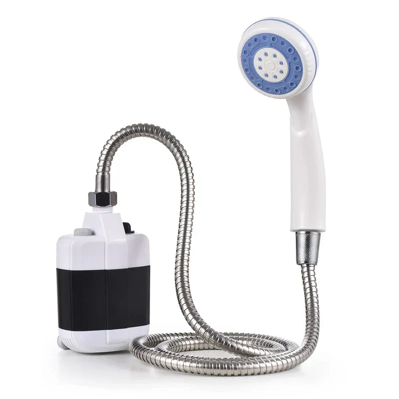 Camping shower pump in use at a campsite