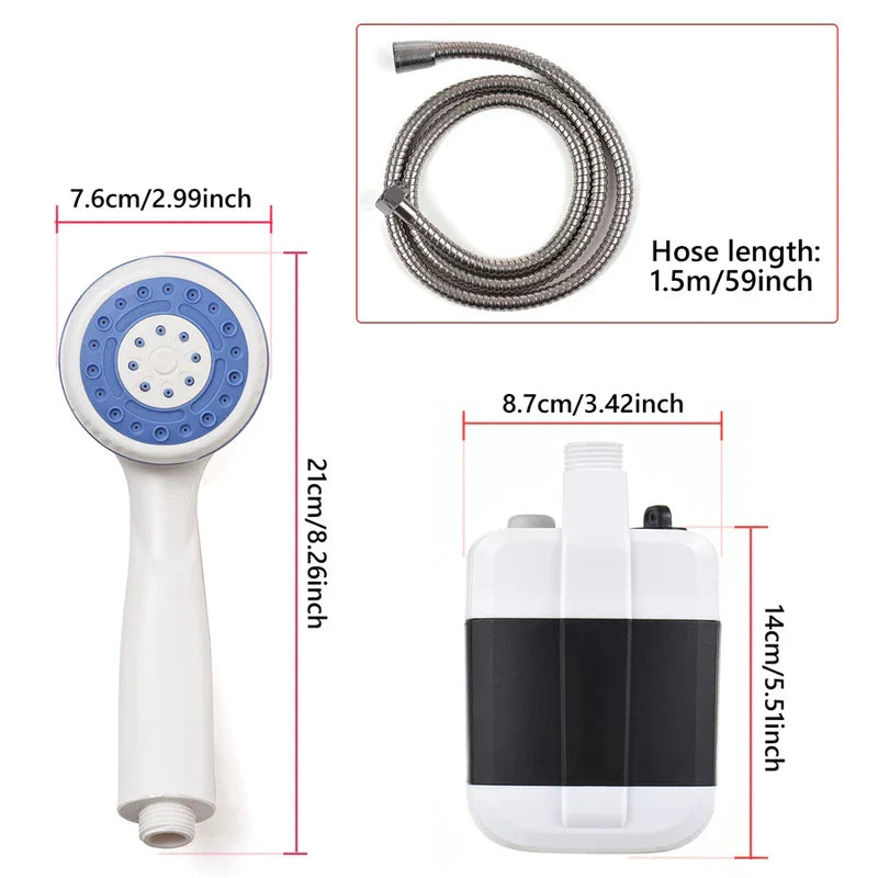 bomba de ducha para acampar - conjunto de bomba de ducha para acampar con etiquetas de dimensiones que muestra la ducha de mano, la manguera metálica y las medidas de la unidad de bomba