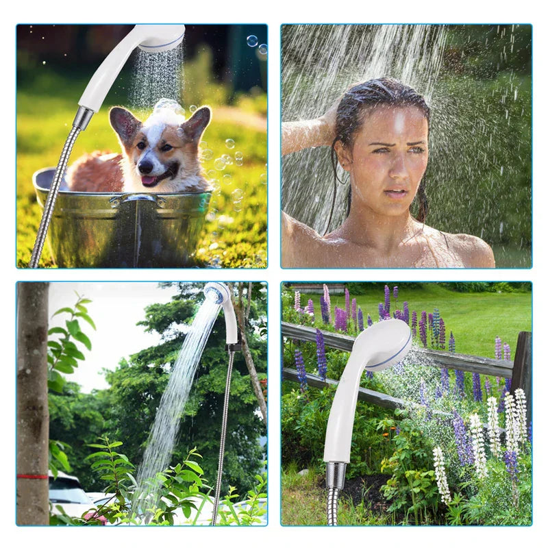 Collage showing camping shower pump used for pet washing, outdoor showering, and garden watering