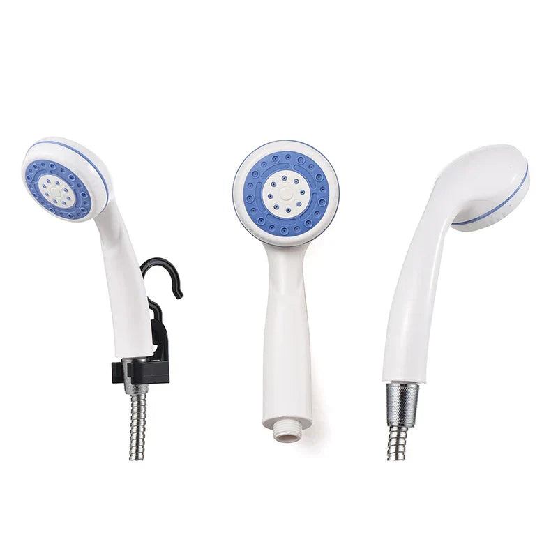 Three white and blue handheld shower heads, one with a black mounting hook, for a camping shower pump