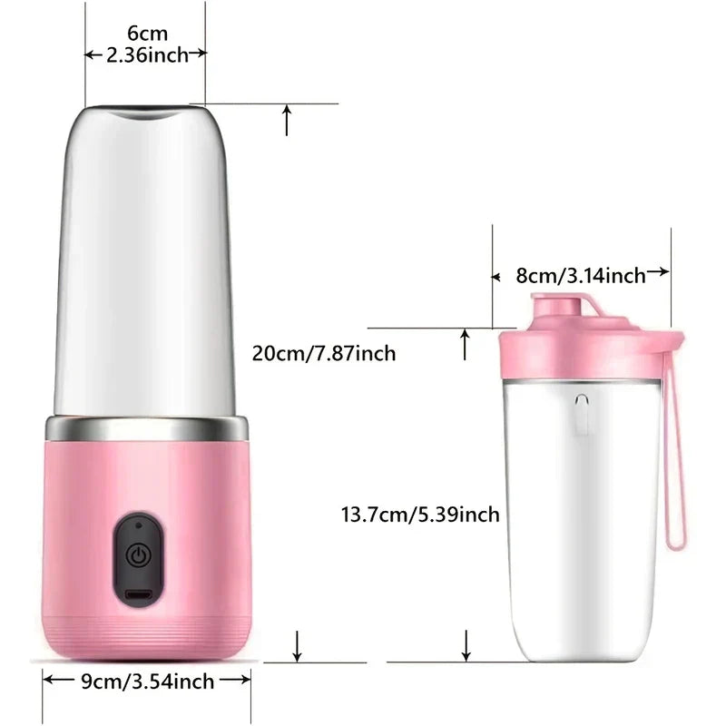 Size dimensions of a pink and white personal blender with a matching portable cup, marked in cm and inches