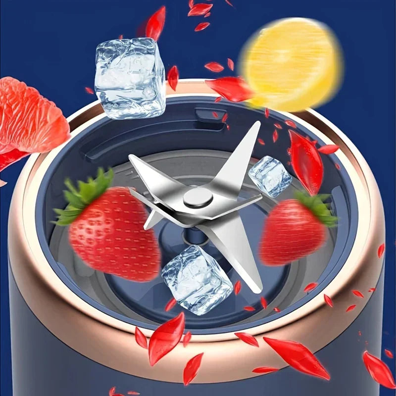Top-down view of a personal blender's stainless steel blades, surrounded by strawberries, ice, and fruit slices