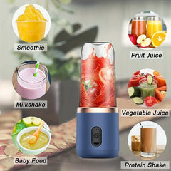 Personal blender surrounded by 6 labeled circular images of smoothie, fruit juice, milkshake, vegetable juice, baby food, and protein shake