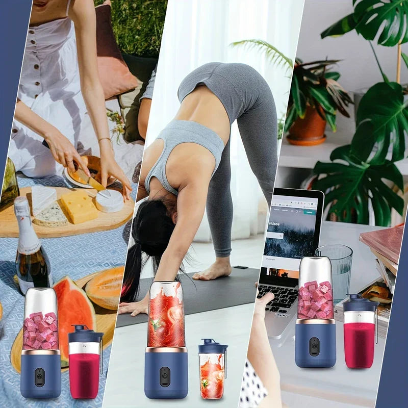 Personal blender shown across three scenes: picnic prep, yoga space, and home desk, with a travel cup accessory