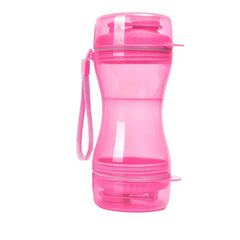 Portable pet travel water bottle dispenser with attached trough