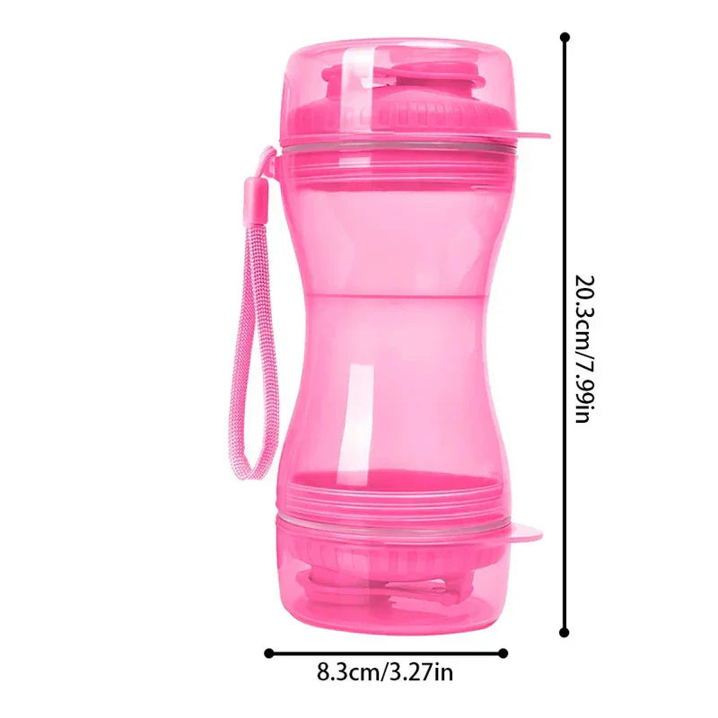 Pink portable water bottle dispenser with lanyard shown against white background, 20.3cm tall x 8.3cm wide