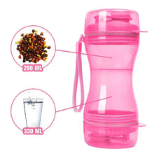 Pink portable water bottle dispenser diagram showing 280ml food compartment and 330ml water compartment with carry strap