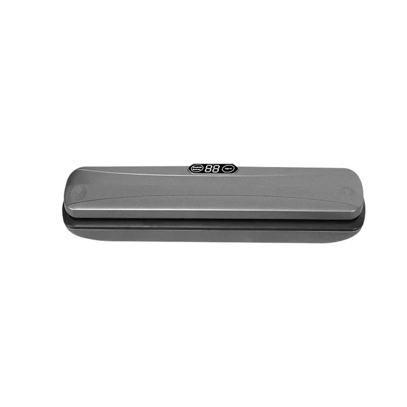 Gray bag sealing tool with a digital display, shown closed against a plain white background